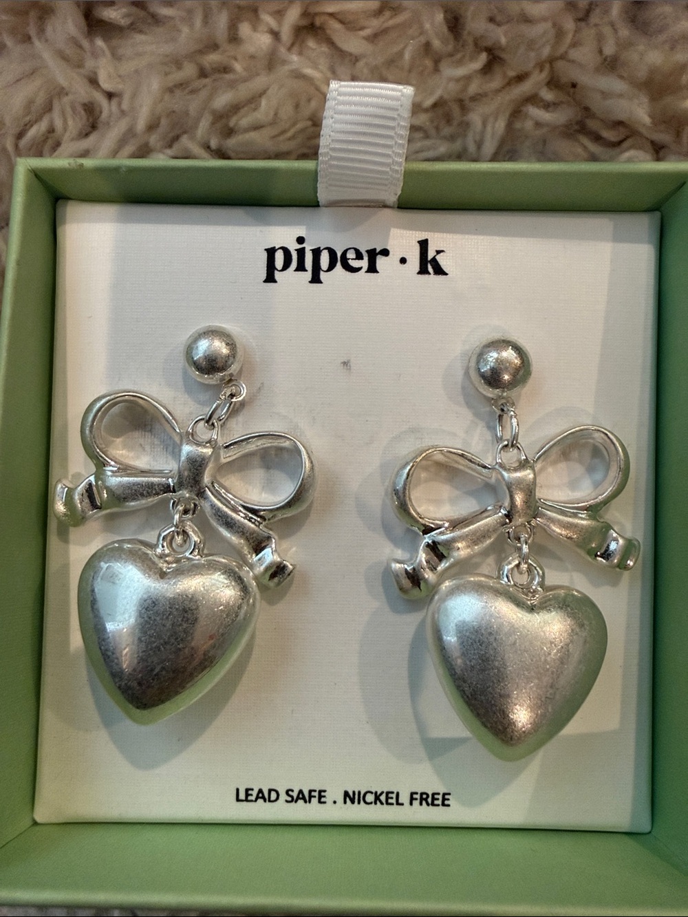 Piper Silver Bow and Heart Drop Earrings for Kids